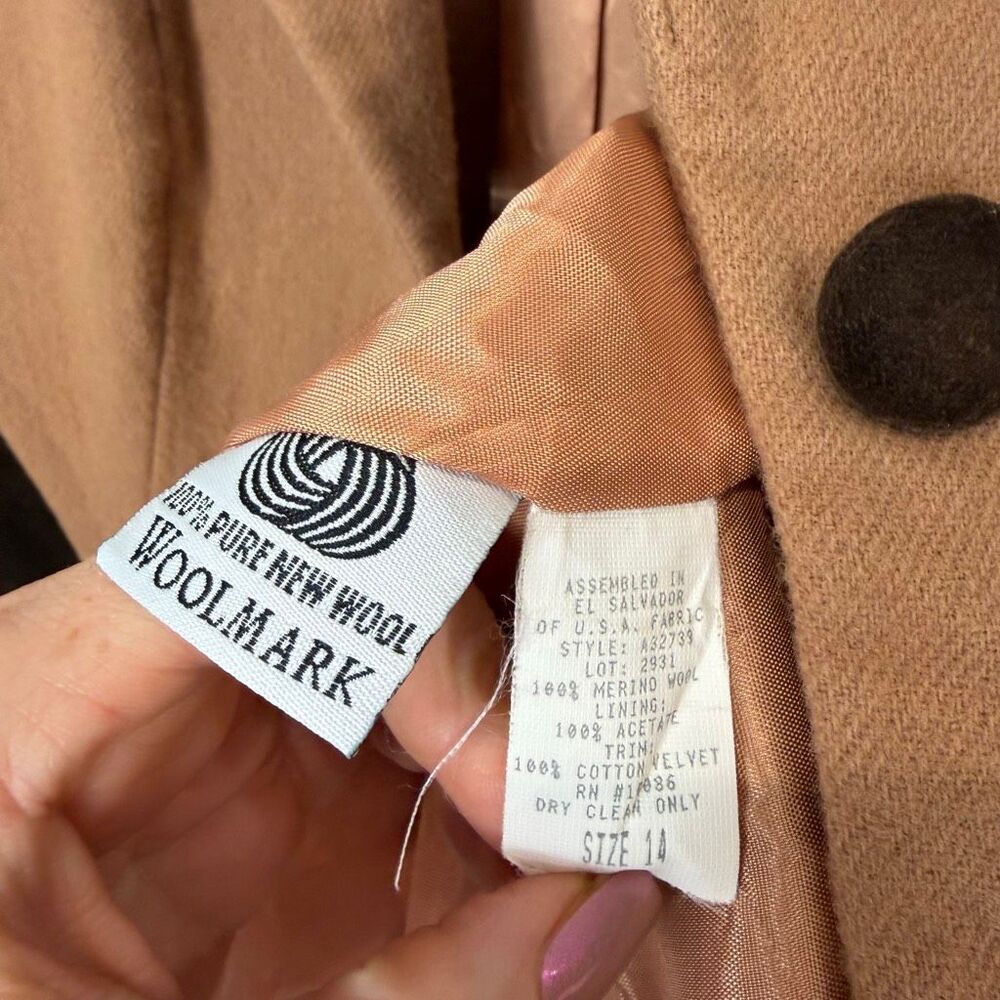 Vintage Urban Wool Blazer Womens 14 Tan Brown Merino l Velvet Trim Button Front - Picture 11 of 13